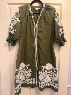 Olive Green Embroidered Midi Dress with White Floral Trim